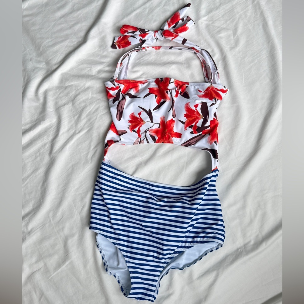 Bold orange floral and navy blue stripes One Piece Swimwear size L